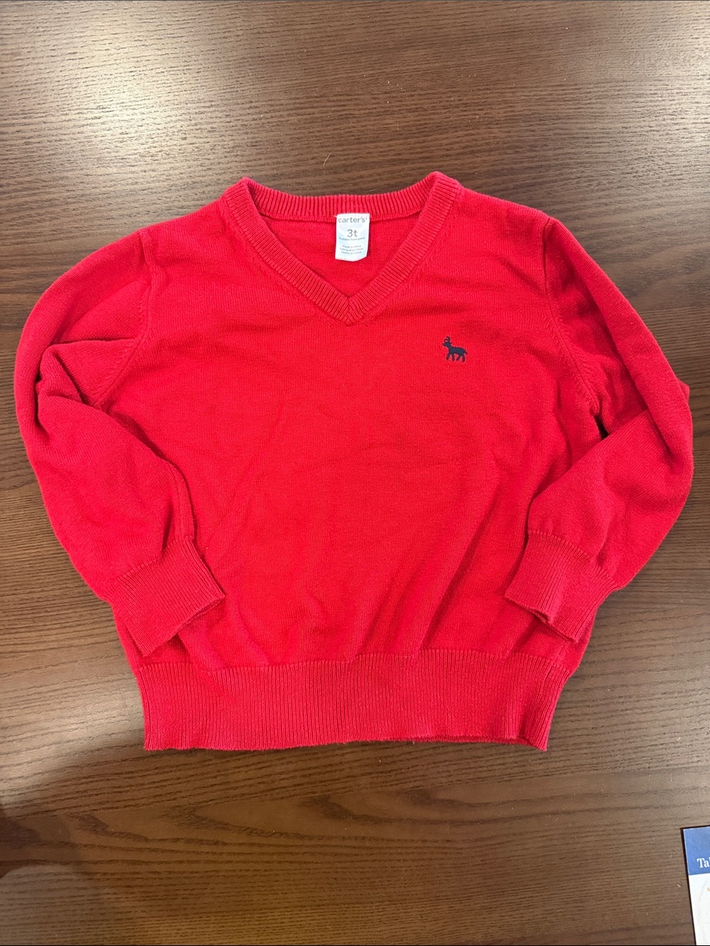 Carter's Bright Red V-Neck Sweater with Navy Embroidered Deer